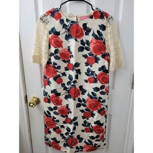 Manoush Silk Floral Rose Shift Dress Lace Sleeve Cream Red Size 4 36 H8 GIPD
